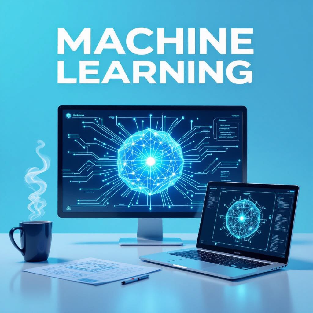 A wide banner depicting a sleek, futuristic workspace with a large holographic display showing interconnected neural networks. A soft blue and teal gradient background with subtle circuit patterns. In the foreground, a laptop, a coffee mug, and a digital blueprint of a neural network. Clean typography at the top says “Machine Learning” in bold geometric sans-serif.