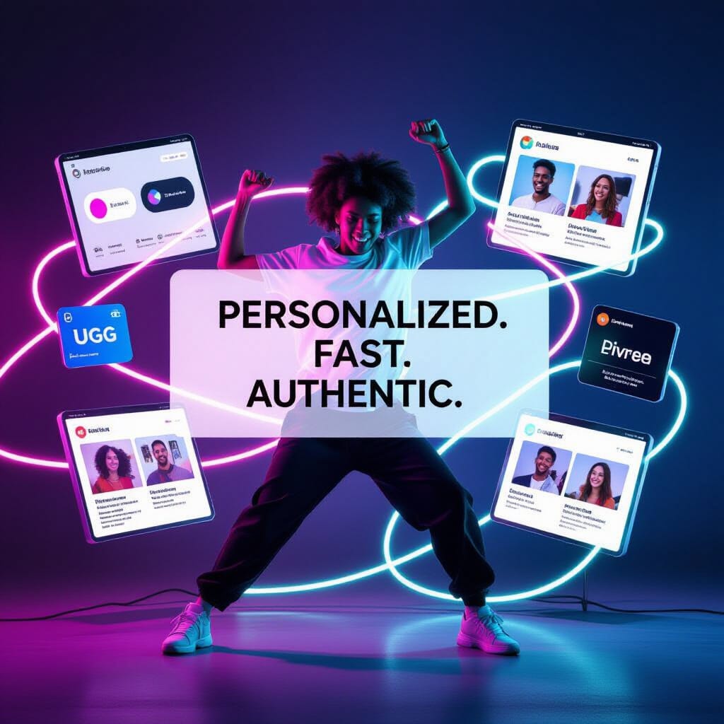 A cinematic, high-energy Gen Z marketing hero image. A diverse Gen Z figure in a dynamic pose occupies the center of a modern workspace. Prominent foreground caption card displays the bold message: “Personalized. Fast. Authentic.”