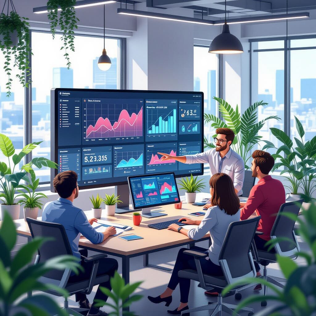 An isometric view of a modern office, filled with ambient light and lush plants. A team of researchers and a citizen user collaborate around a large, interactive touchscreen displaying a complex dashboard. The user points to a trend line, whilst a data scientist offers a friendly explanation, both smiling.