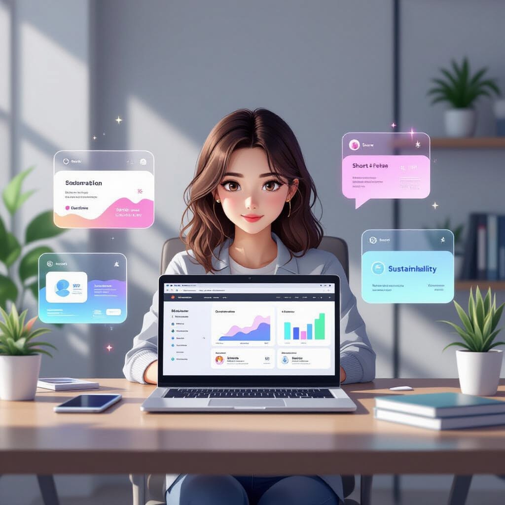 A minimalist yet realistic Gen Z marketing scene, with central figure seated at a desk, natural lighting, open laptop displaying a dashboard. Around them, semi-realistic glass cards float displaying personalization, short-form video, UGC, sustainability, and accessibility.