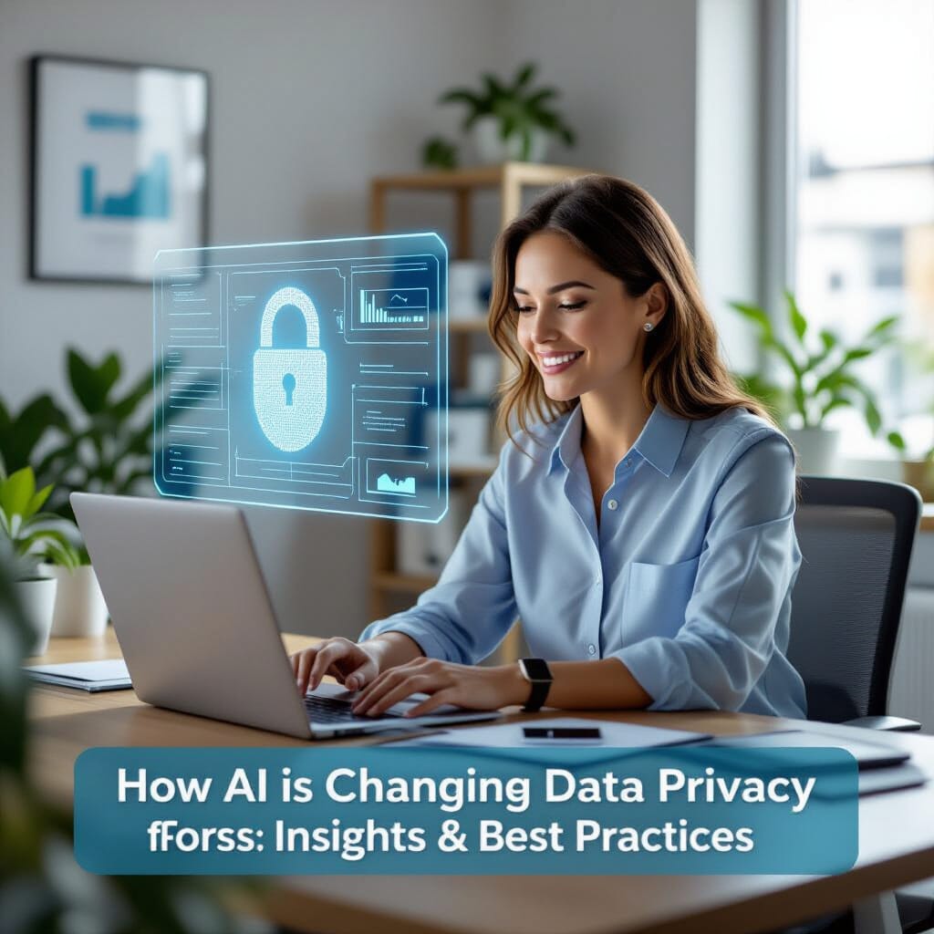 Ultra-realistic 16:9 render of a bright, welcoming SME owner's office, featuring a clean desk with a laptop. Above the laptop, an AI hologram gently outlines data privacy concepts. Soft natural light fills the space, with a warm neutral color palette accented by teal and sky blue.