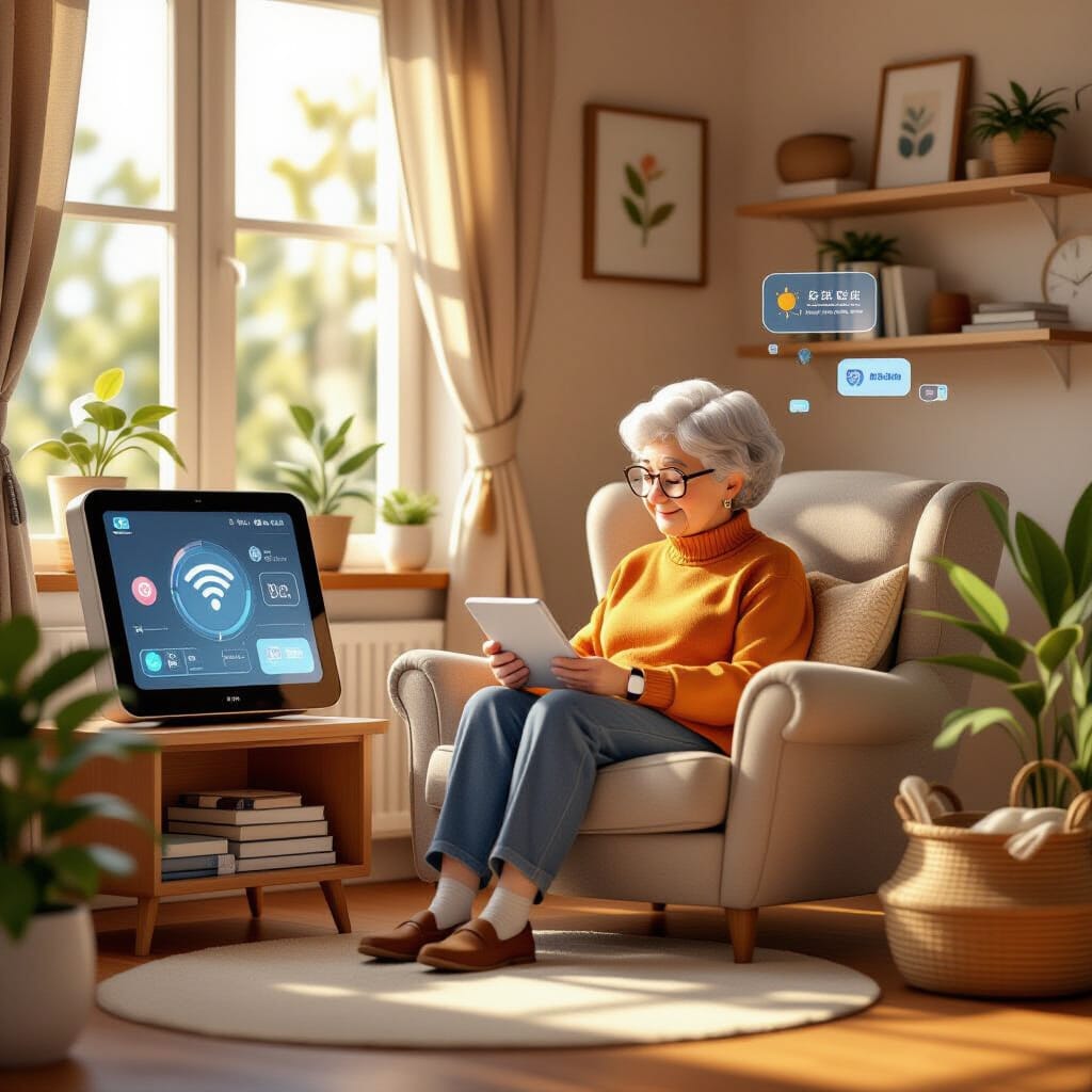 A cozy reading nook with a warm, accessible color palette and high-contrast typography for readability. A senior is comfortably using a voice-assisted smart display, with holographic overlays of simple 5G signals and AI suggestions for lighting and climate control.