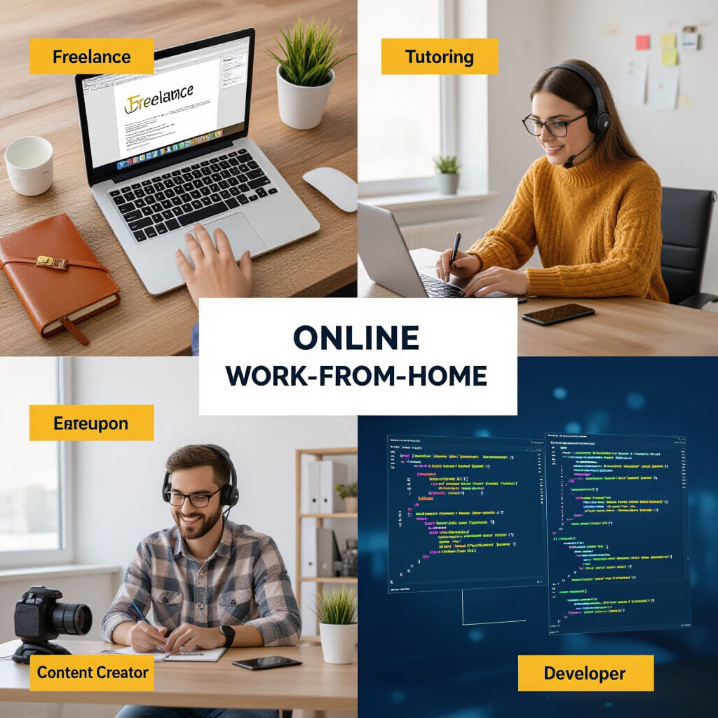A vibrant, editorial-style collage split into four quadrants, each depicting a distinct online work-from-home setup. Top left: a freelance writer with an open laptop and a leather-bound notebook rests on a wooden desk, a small "Freelance" badge is nearby.