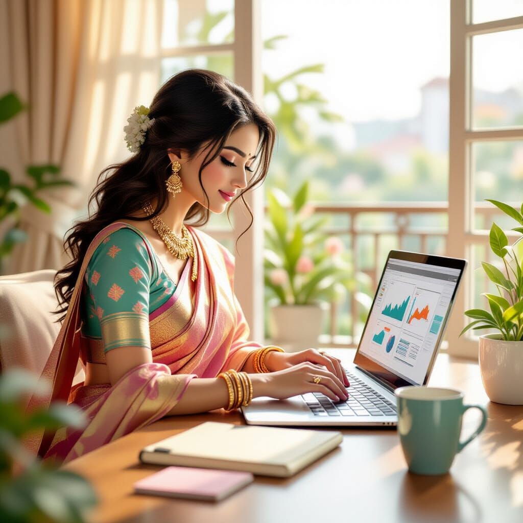 A woman in a colorful, flowing saree types on a laptop in a serene, sunlit room. Nearby, a tablet displays charts, and through glass doors, a balcony garden is visible. A glossy planner, a mug, and a small stack of note cards add texture to the scene.